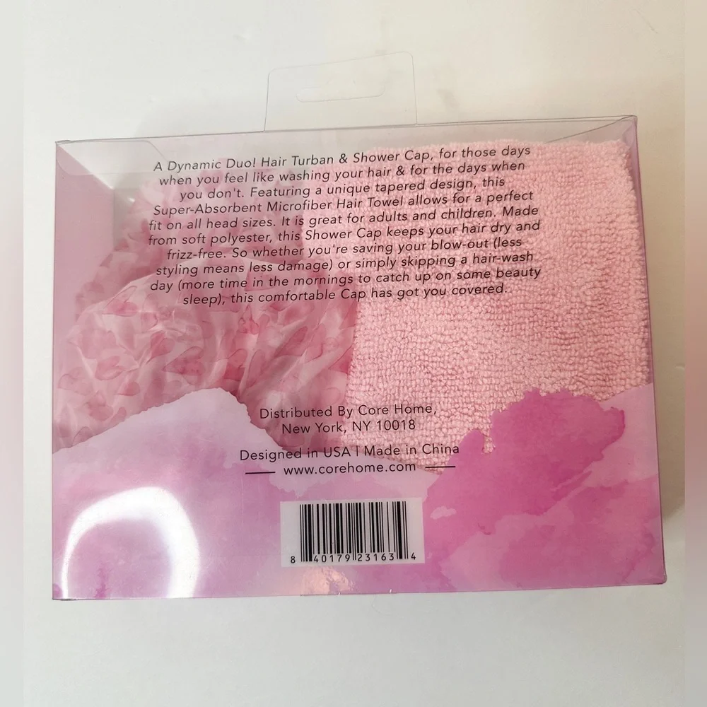 Women’s Hair Set New In Box Pink Hair Turban and Shower Cap